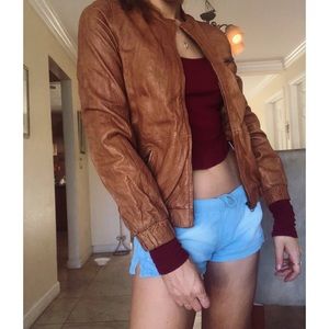 Joie Cognac Leather Cropped crinkle zipup jacket